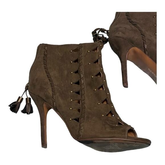 Report Olive Green Cutouts Brads Moto Heels Size 9 Cowboy Western Fringe Biker - Picture 1 of 6